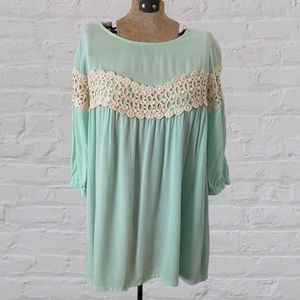 Kori Aqua Flowy Relaxed Fit Boho Cream Crochet Lace Long Sleeve Top